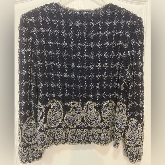 Vintage 1980’s Silky Nites Stunning Beaded Navy Blue Silk Evening Jacket, Size M - Picture 5 of 12